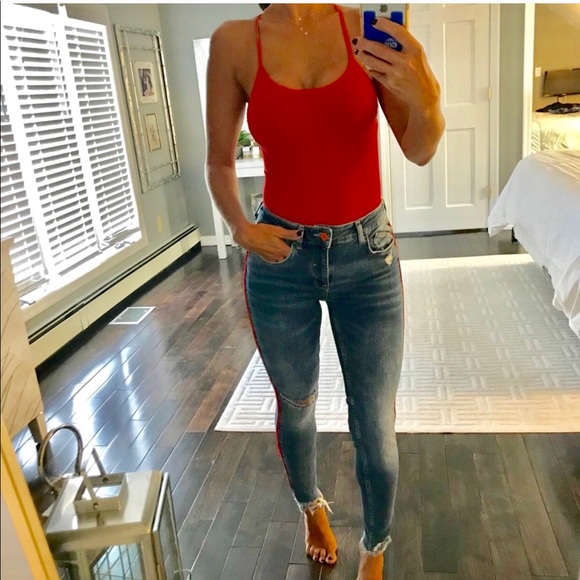 Zara Denim - Zara red stripe jeans size 34 or 2